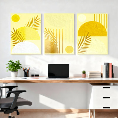 Abstract Tropical Leaves and Geometric Shapes Canvas Wrapped Wall Art, Modern Minimalist Print (Set of 3)