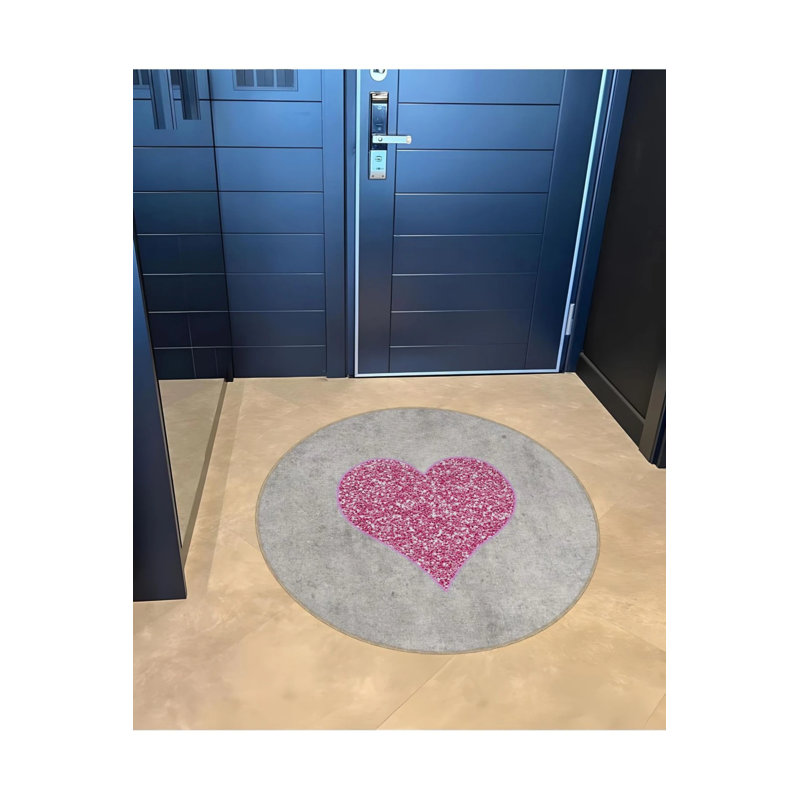 Pink Gray Themed Heart Patterned Round Woven Base Modern Decorative Carpet, Round 5'