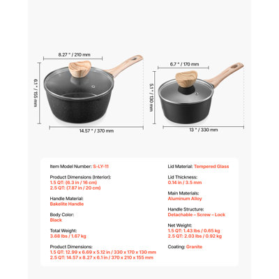 Saucepan Set, 1.5 QT & 2.5 QT Nonstick Saucepan with Glass Lids, Multipurpose Cooking Sauce Pots with Detachable Handles, Sauce Pan Kitchen Cooking Pot with Coating, Induction Compatible, Black