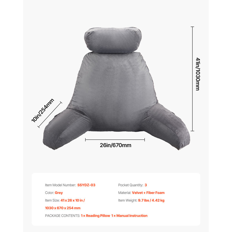 Coussin de lecture, grand coussin de lit avec appui-tête amovible, coussin de dossier avec 3 poches, mousse à mémoire de forme déchiquetée et tissu de velours court lavable, côté avec poignées pour lire, jouer, se reposer, gris