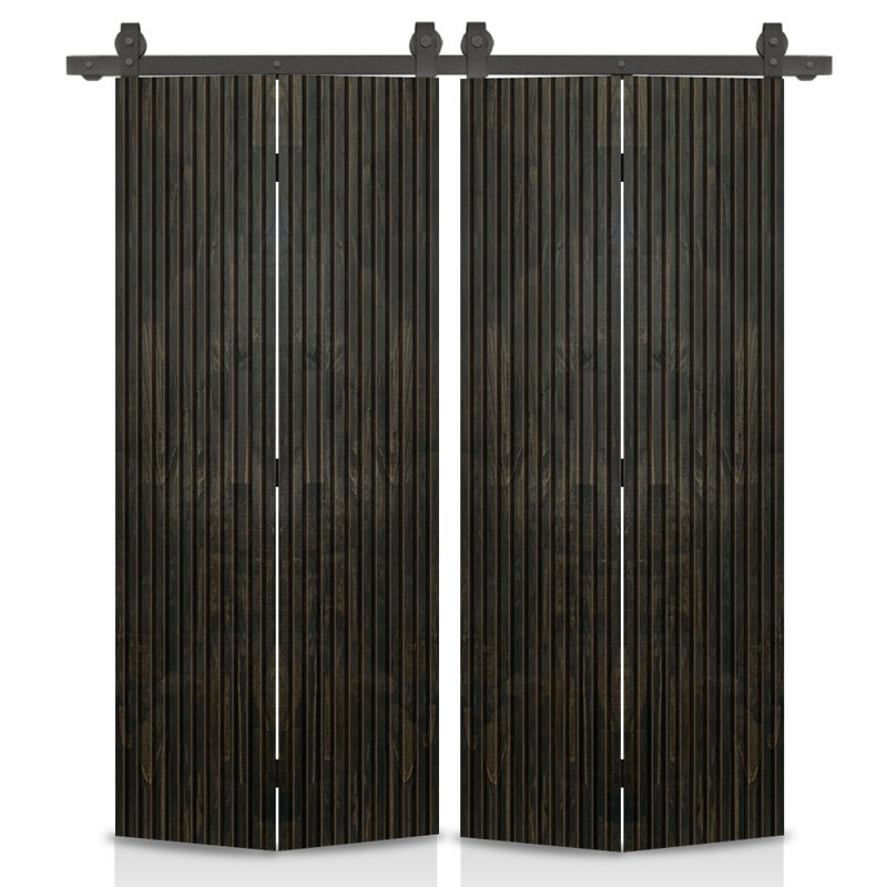 Porte de grange pliante en bois de pin teinté Japanese Series avec quincaillerie coulissante, 60 po x 80 po, Noir anthracite