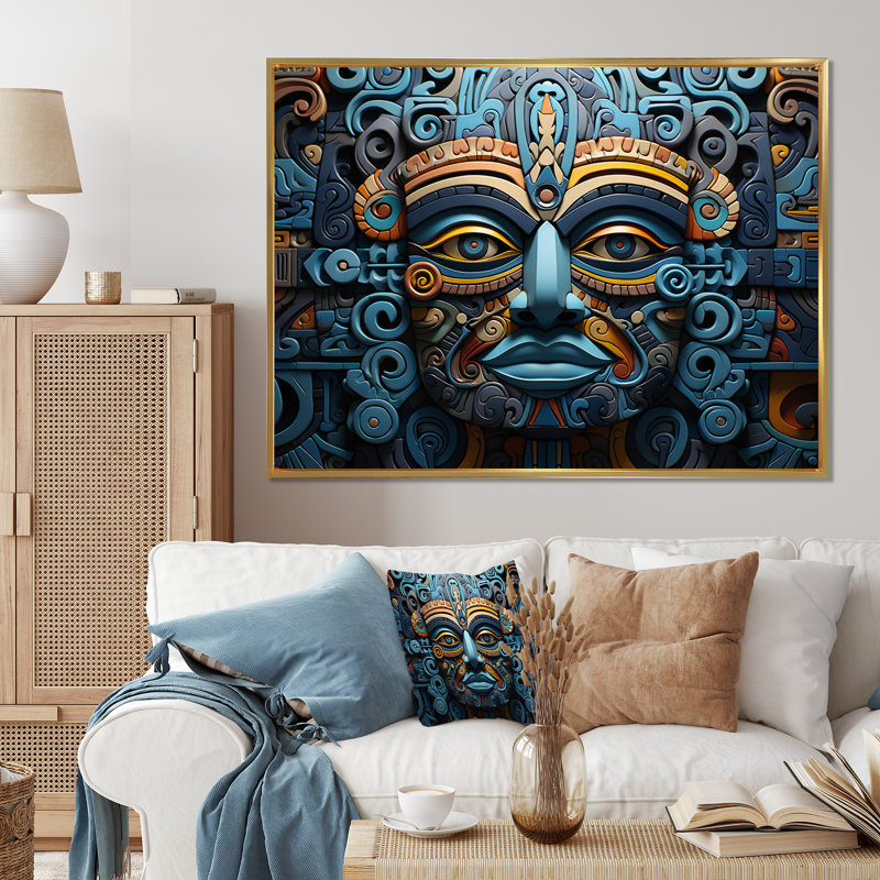 «Teal Gold Mexico Vibrant Aztec Mask II», reproduction sur toile encadrée, Cadre flottant doré, H 24 po x l 32 po x P 1 po