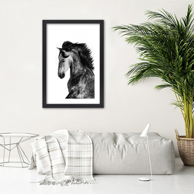 White Horse Galloping Animals - Single Picture Frame Print, Black, 100cm H x 70cm W