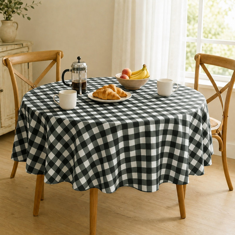 Nappe PEVA imperméable Buffalo Gingham avec envers en flanelle, repas intérieur et extérieur, Black/White