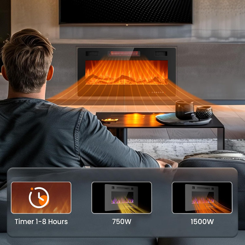 36 Inch Electric Fireplace Inserts, in-Wall Recessed and Wall Mounted 750/1500W Fireplace Heater, Touch Screen, Remote Control with Timer, Adjustable Flame Color and Speed