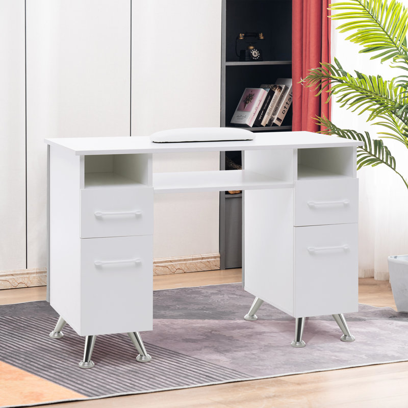Ashayra Nail Desk with Cabinet and Drawer Upholstered Pad, White/Gray