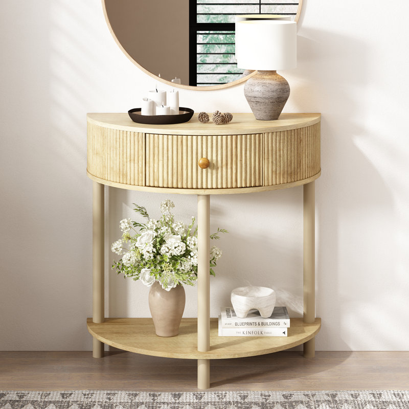  Charlbury 31"W Half-Round Solid Wood Console Table with Fluted Drawers, Natural Wood