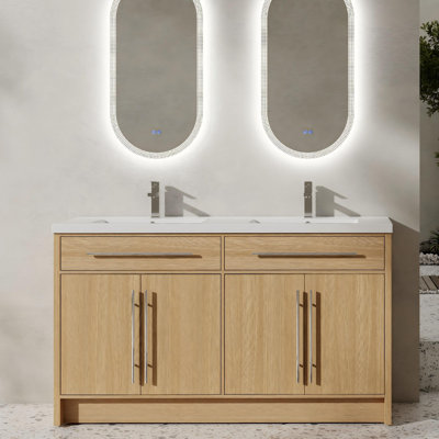 60" Freestanding Double Bathroom Vanity With Dual Resin Sinks, 4 Soft-Close Doors & Metal Handles – Original Oak Plywood, Modern American Style