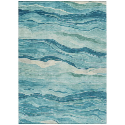 3' X 5' Turquoise Striped Washable Indoor Outdoor Area Rug