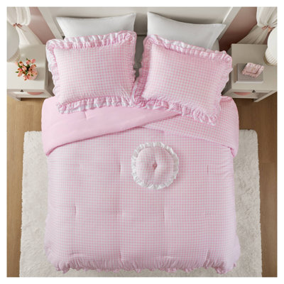 Ensemble d'édredon 4 pièces double / grand rose avec motif à volants Vichy - Literie en microfibre douce pour chambre d'adolescente