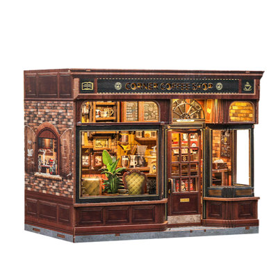 Corner Coffee Shop Dollhouse Kit - Miniature Wizardi Roombox Kit with LED Light F07M51-96-GB402