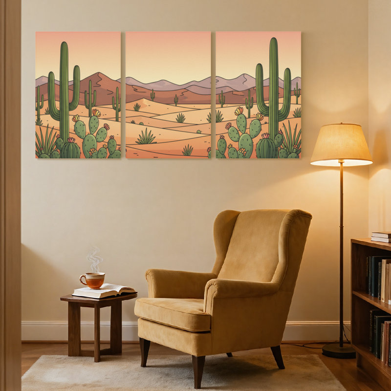 Paysage et nature, paysage désertique avec cactus et montagnes, ensemble de 3 impressions sur toile, H 18 po x l 36 po