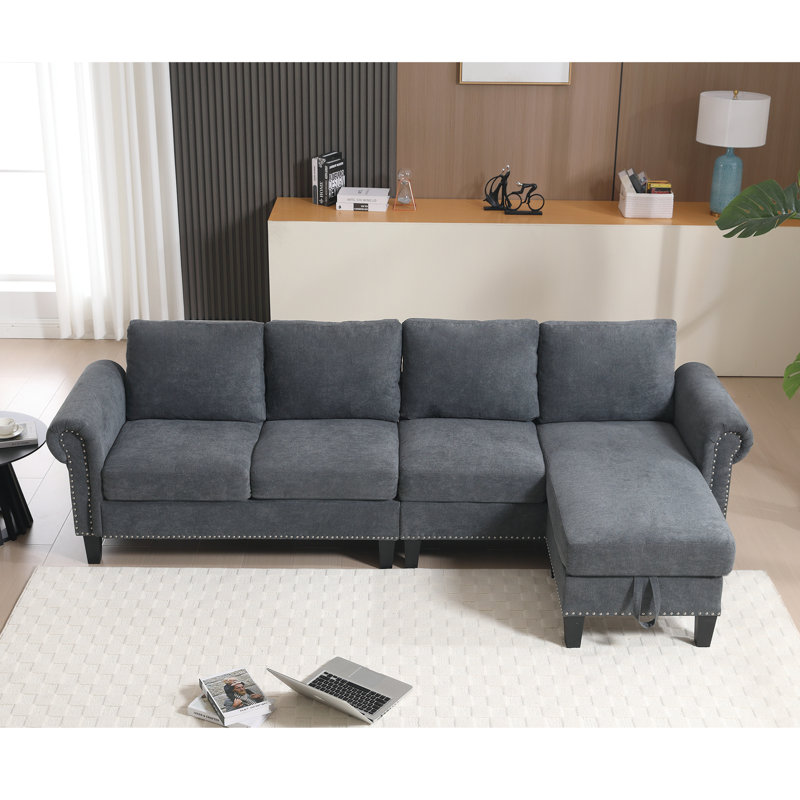 Canapé modulaire gris avec espace de rangement, 4 places, design convertible, revêtement, rangement en tissu de lin moderne à structure en bois, incontournable du salon