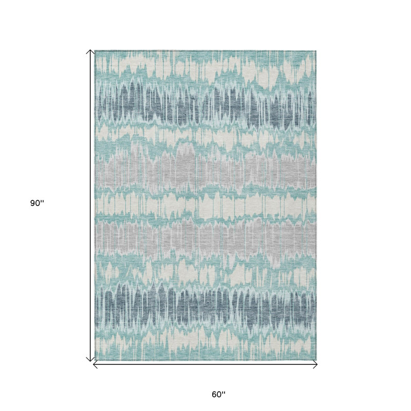 Tapis extérieur lavable rayé bleu sarcelle 5 pi x 8 pi bleu turquoise et argenté