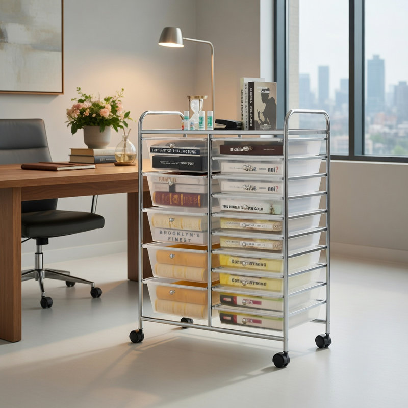  Organisateur de chariot de rangement roulant à 15 tiroirs avec roues verrouillables, structure en acier argenté, tiroirs en plastique transparent pour la maison, le bureau, le garage et la salle de classe, blanc