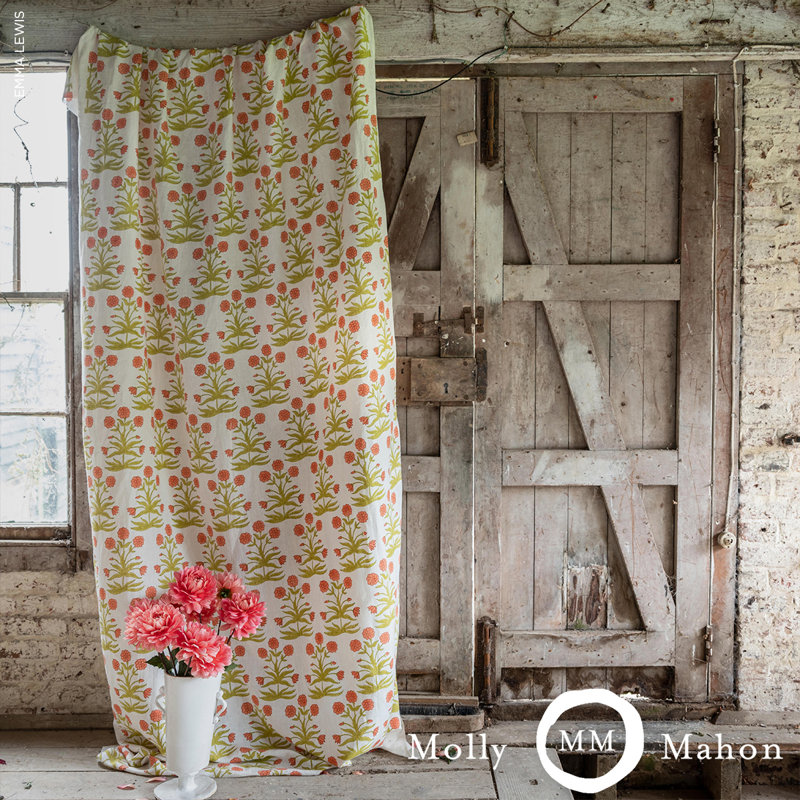 Schumacher x Molly Mahon Mughal Hand Block Print Fabric, Peach Sap Green
