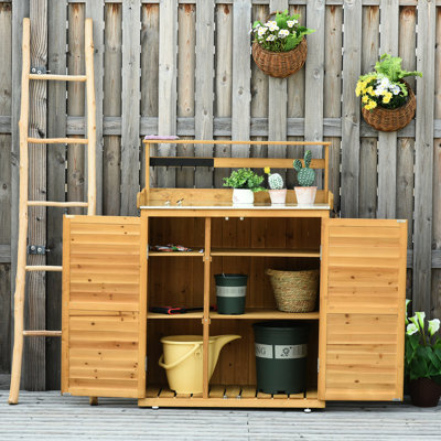 Banc de jardin en bois de sapin massif, 3 tablettes, 2 portes magnétiques, crochets, jaune, L 35,27 po x l 17,67 po H 48,29 po