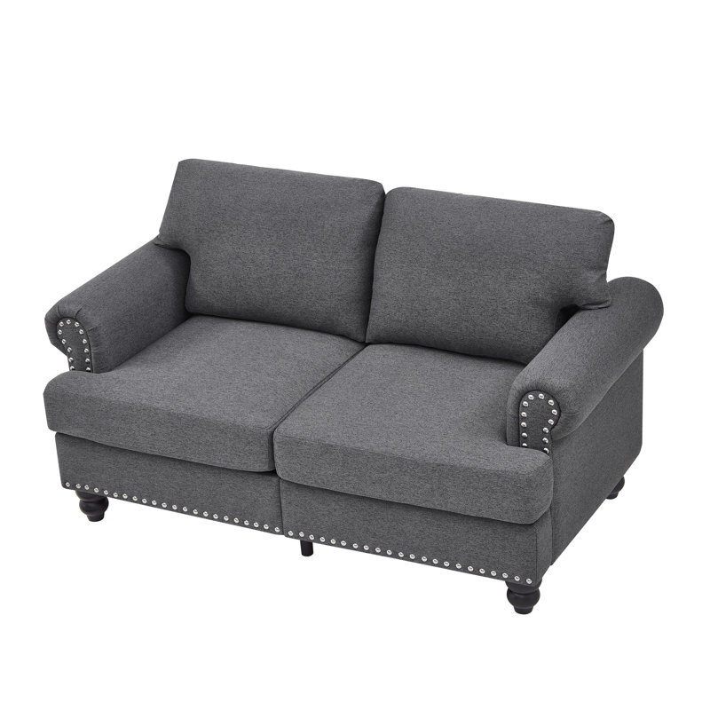 Élégant et tendance 59,5 po 2 places beige, rembourré, accoudoir rond avec décoration clous argentés, pieds en bois massif, siège à ressorts hélicoïdaux confortable, housses amovibles, rangement caché moderne