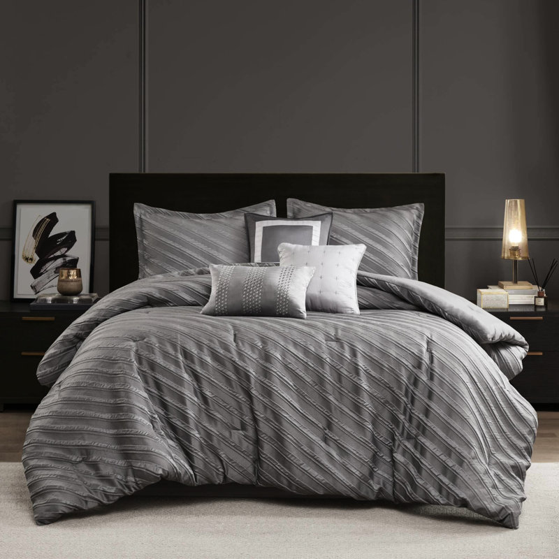 Édredon pour grand lit 7 pièces en gris - motif diagonal, ensemble de literie de luxe, rembourrage toutes saisons, motif élégant moderne standard 100, accessoires assortis, design