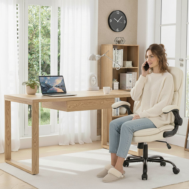 Faux Leather Ergonomic Office Chair W/ Flip-Up Armrests & Tilt for Office, 125KG, Ivory
