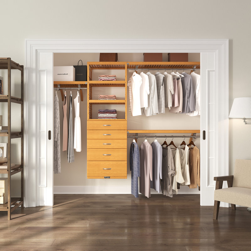 John Louis Home Solid Wood Walk-In Closet System with 5-Drawers, Honey Maple