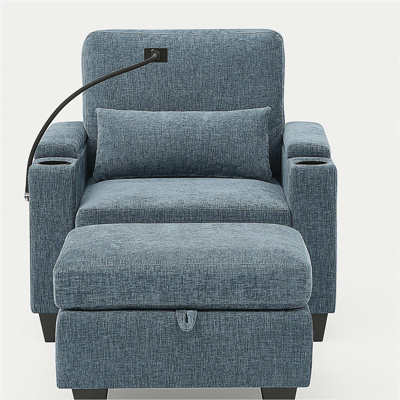 Single sofa recliner with manually adjustable backrest, USB charging port on the armrest side, phone stand included, hidden armrest storage, and a matching storage ottoman-Blue