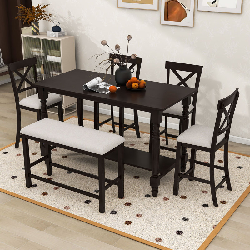 Daury 6Pcs Counter Height Dining Set with 4 Upholstered Chairs, Bench and Storage Shelf, Espresso