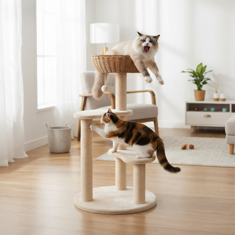 35.5" Handwoven Cat Tree Tower with Cozy Baskets, Scratching Posts & Plush Perches – Multi-Level Cat Condo for Small Spaces
