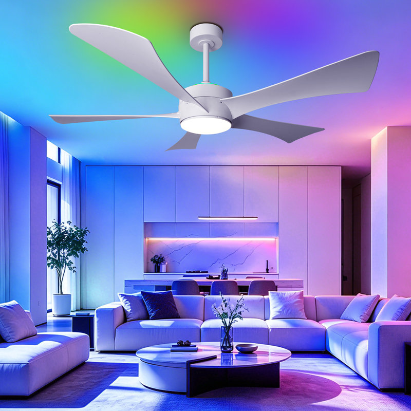 52" Modern Ceiling Fan with LED Light, RGB Color Changing, Remote & APP Control, White/Black, White