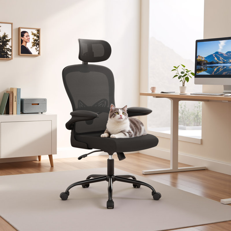 Chaise de bureau ergonomique en filet à haut dossier avec support lombaire réglable, accoudoirs rabattables, appui-tête et inclinaison pivotante pour les sièges de bureau et de maison