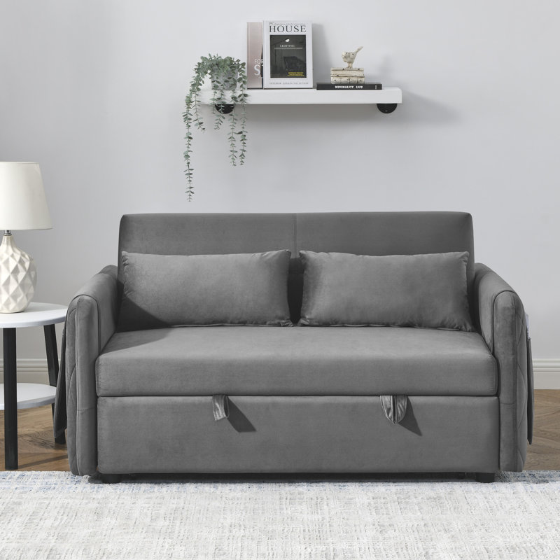 Canapé-lit convertible moderne de 55 po avec 2 poches pour accoudoirs amovibles, canapé-lit en velours avec lit escamotable, 2 coussins et dossier ajustables pour le salon, accoudoirs à motif quadrillé 