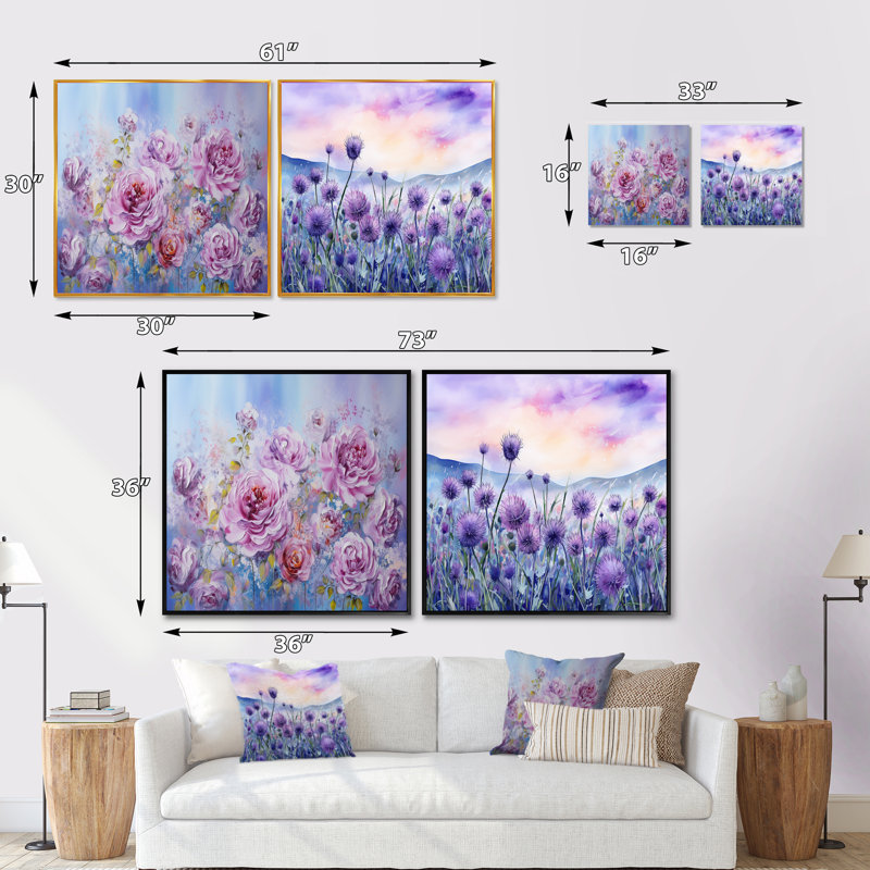 Mauve chardon et roses - ensemble de 2 collages carrés, Toile tendue, H 16 po x l 33 po