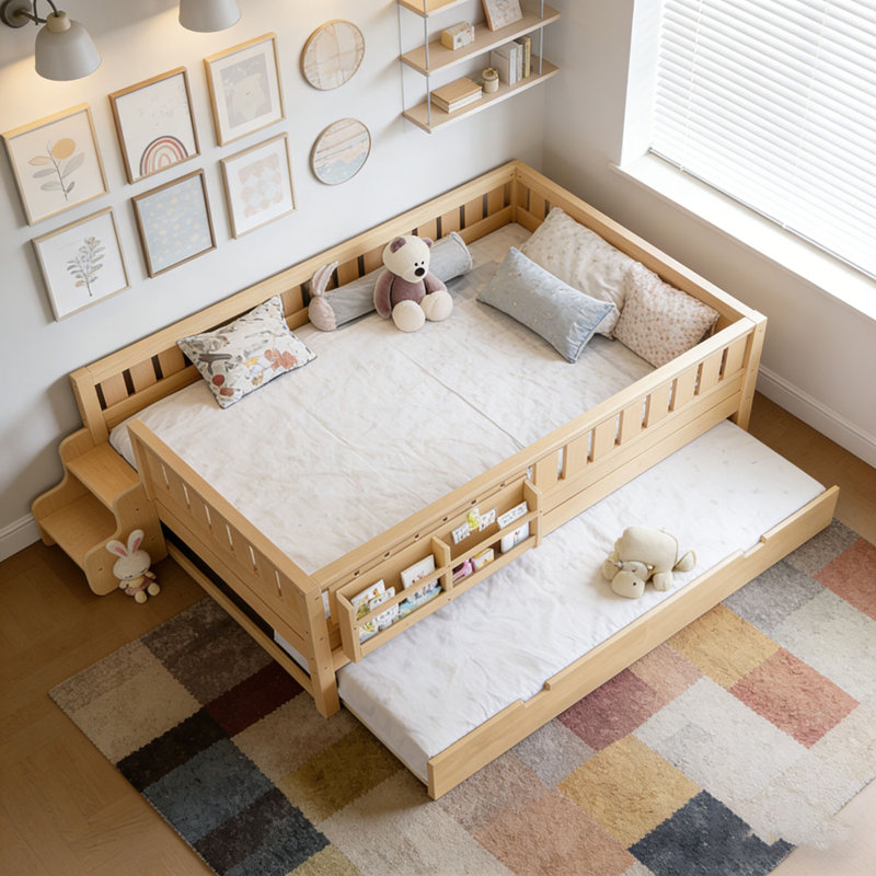 Bed with Built-in Bookshelves and Small Staircase, Double, Clair naturel