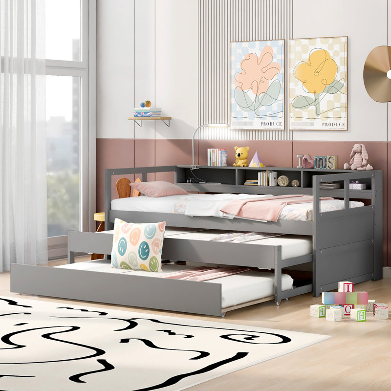 Gray Daybed Twin Xl With 2 Trundles - 3 Storage , Charging, And Gray, Trundles,, Dark Gray