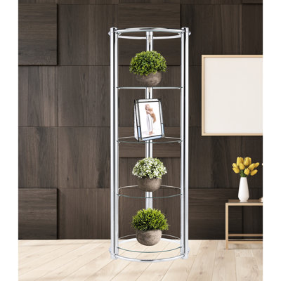 Étagère triangulaire en verre trempé, 5 tablettes pour les espaces de vie principaux, esthétique contemporaine, dos ouvert, aspect vertical de 28,4 po