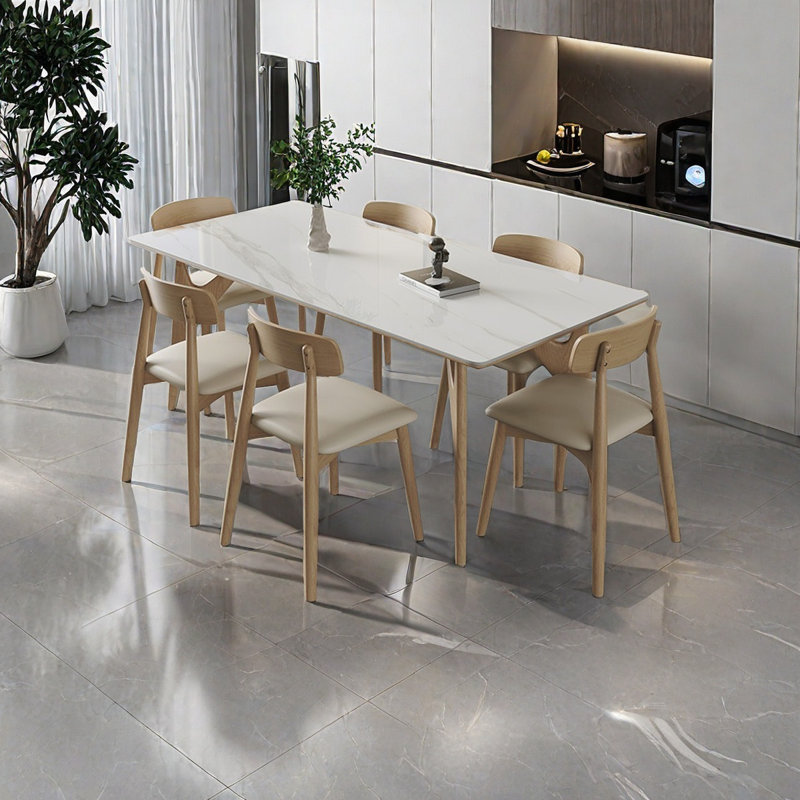 Table de salle à manger crème moderne en bois et pierre, H 29,5 po x L 70,9 po x l 35,4 po