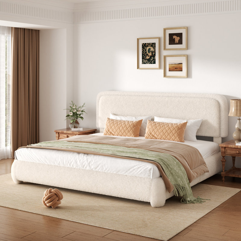 Boucle Upholstered Platform Bed Frame with Adjustable Headboard & Soft Rounded Corners, King, Beige