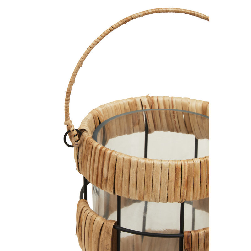 Wicker Tabletop Lantern, Natural/Black, 15cm H x 12cm W x 12cm D