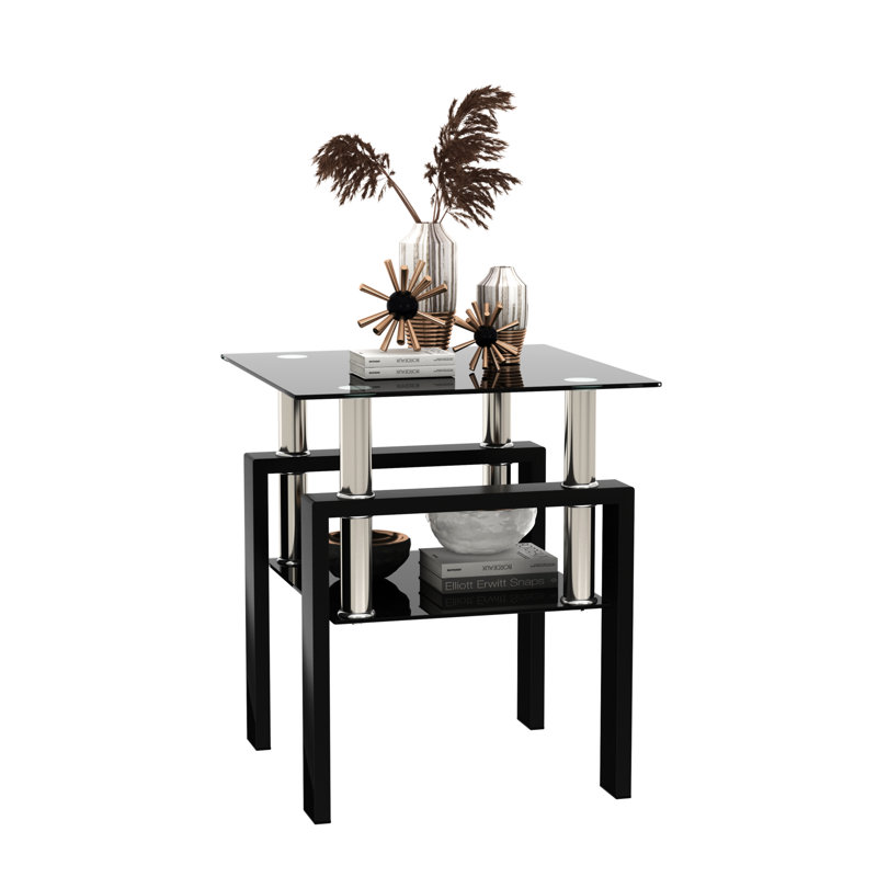Table basse en verre, l 17,7 po x P 17,7 po x H 20,5 po, 1 pièce, noir, plateau en verre trempé