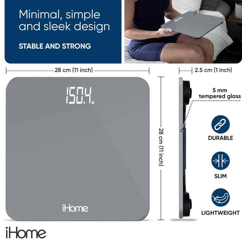 Pèse-personne numérique iHome, gris - LCD rétro-éclairé, capacité de 400 lb, Grey
