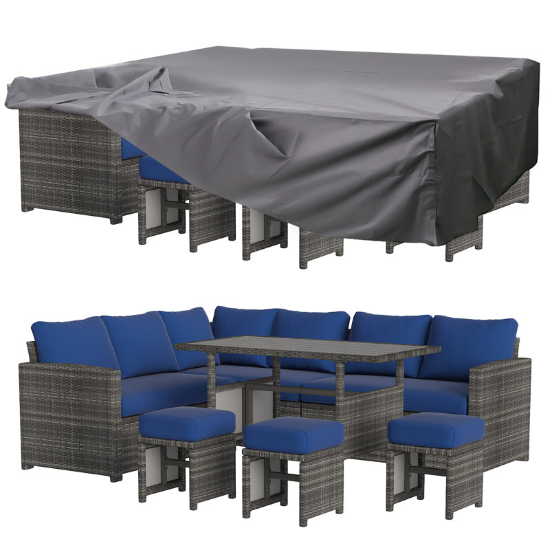  7 Pcs Outdoor Sectional Sofa Conversation Set With Cover, Blue Cushion/Grey Frame