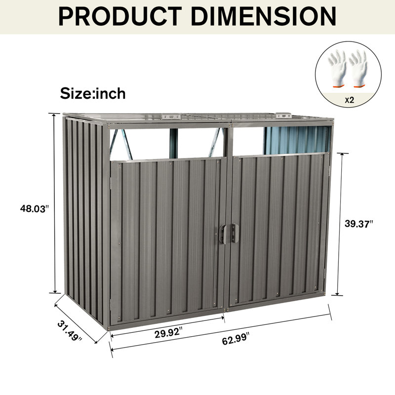 Metal Garbage Bin Shed - 2 Trash Cans Grey Galvanized Steel, , Rot-, Ventilated With Plastic Handles And Lids Outdoor For In Lockable Door Locks