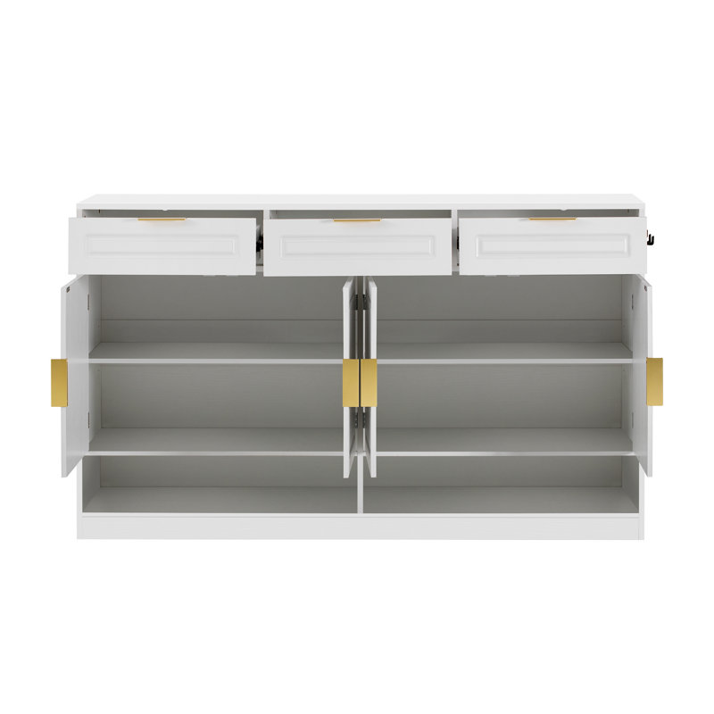 Buffet avec 3 tiroirs et 4 portes, buffet de rangement avec tablette réglable et compartiments de rangement ouverts, Blanc