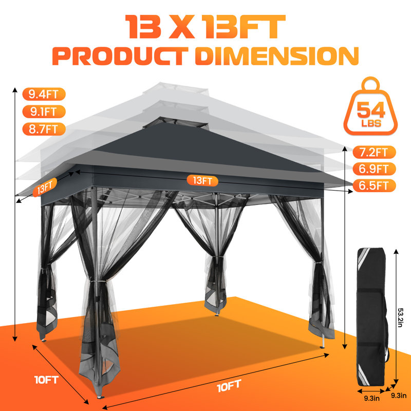 13x13 FT Instant Pop-Up Gazebo Outdoor Canopy Tent, Screened Patio Shelter with Portable Carry Bag, Darkgrey