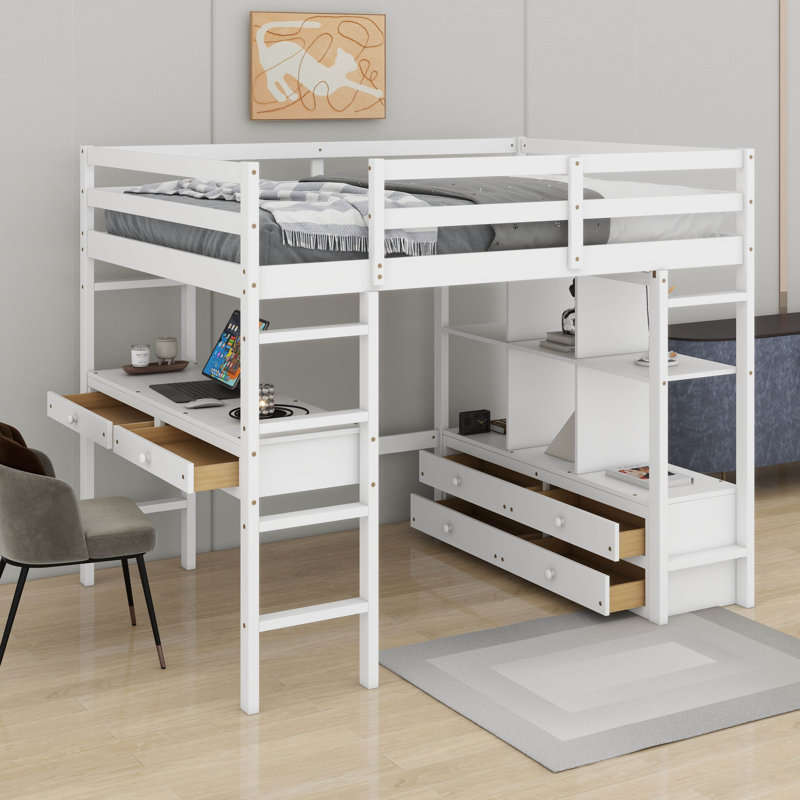 Lit mezzanine double avec bureau, tablettes et tiroirs de rangement
