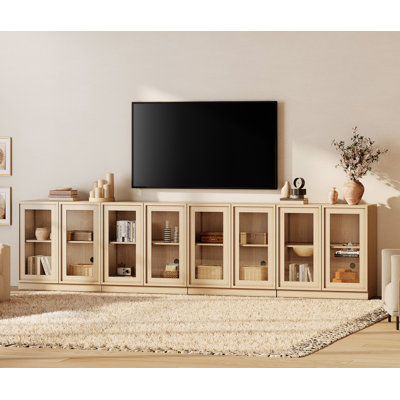 Modern TV Stand for TVs Up to 110", 4-in-1 Entertainment Center TV Console with 8 Glass Doors and Adjustable Shelf, Wooden Media Console Cabinet for Living Room, Bedroom