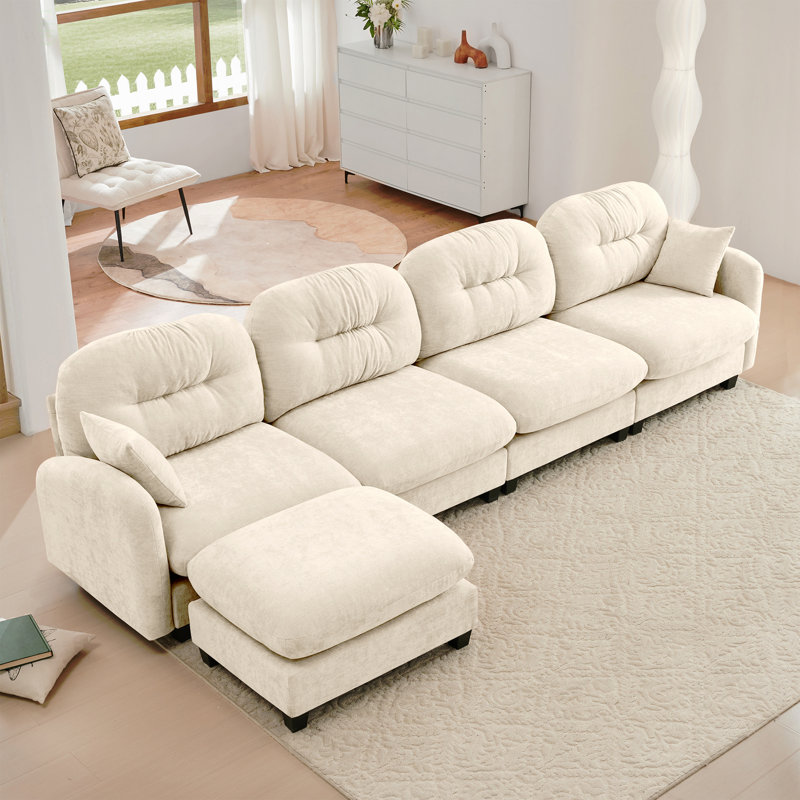 Canapé modulaire en L modulaire avec repose-pieds, tissu en chenille doux, conception ergonomique, dossier capitonné, base en bois de haute qualité facile à installer, convient aux chambres à coucher, aux coins de lecture, beige