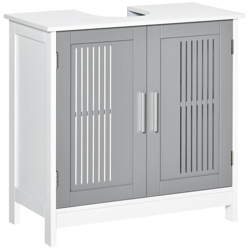 Pedestal Under Sink Storage Cabinet with Double Doors 60*30*60 cm Engineered Wood 1 Piece Bathroom Vanity Base Grey with Slatted Doors