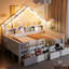 Lit plateforme blanc en bois pleine grandeur avec DEL, tablettes de rangement, tiroirs et garde-corps - Tiroirs de détente sécuritaires, durables