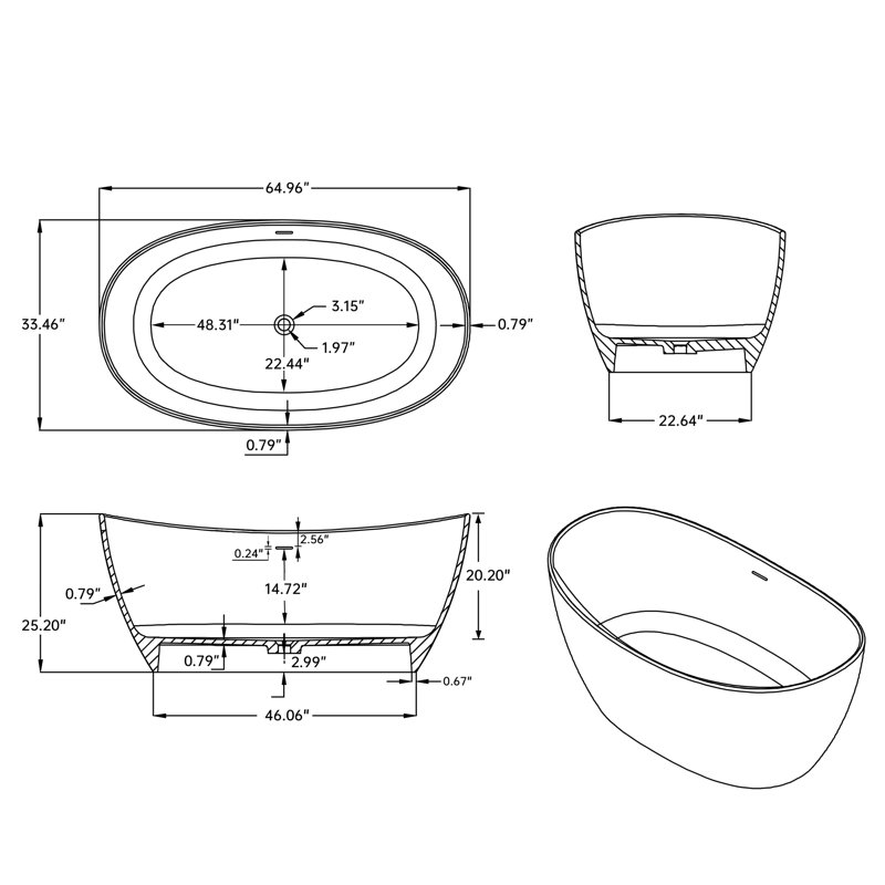 64.96" Freestanding Soaking Solid Surface Bathtub, Light Gray
